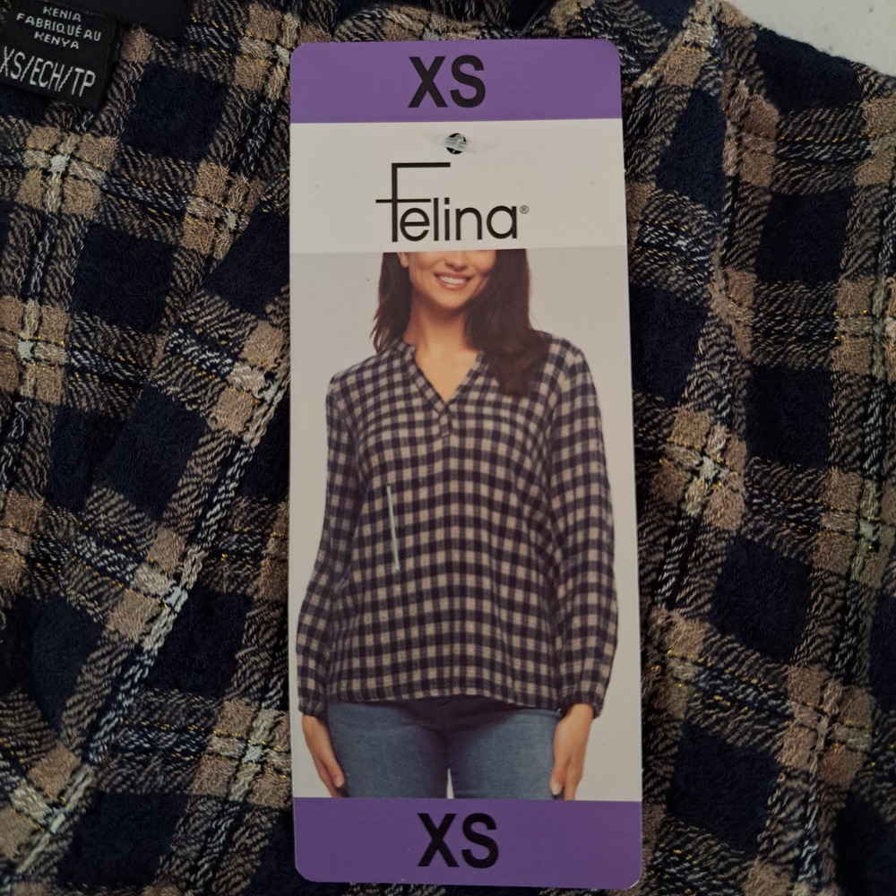 Felina‎ Plaid Blouse Womens XS Navy NWT Metallic Textured V-Neck Top 848-207-B9